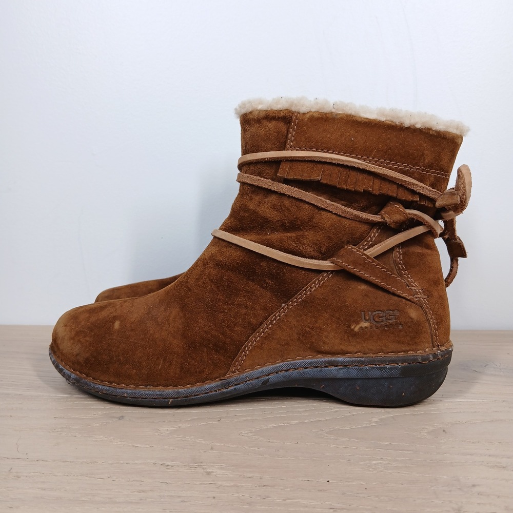 UGG Australia Boots Womens 11 Brown Suede Shearling Lace Up Wrap Tie Boho